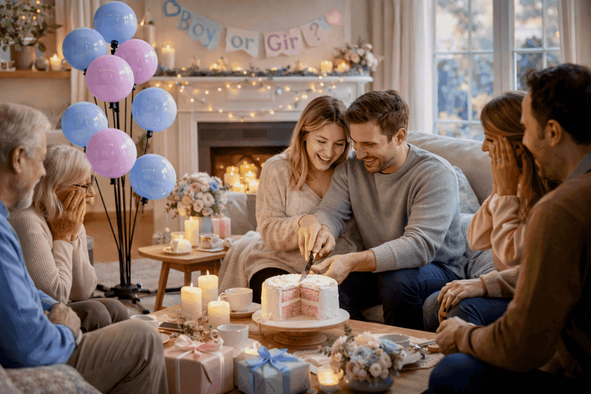 Intime Gender Reveal im Wohnzimmer mit Ballonfontäne, Reveal-Torte und drei Generationen Familie