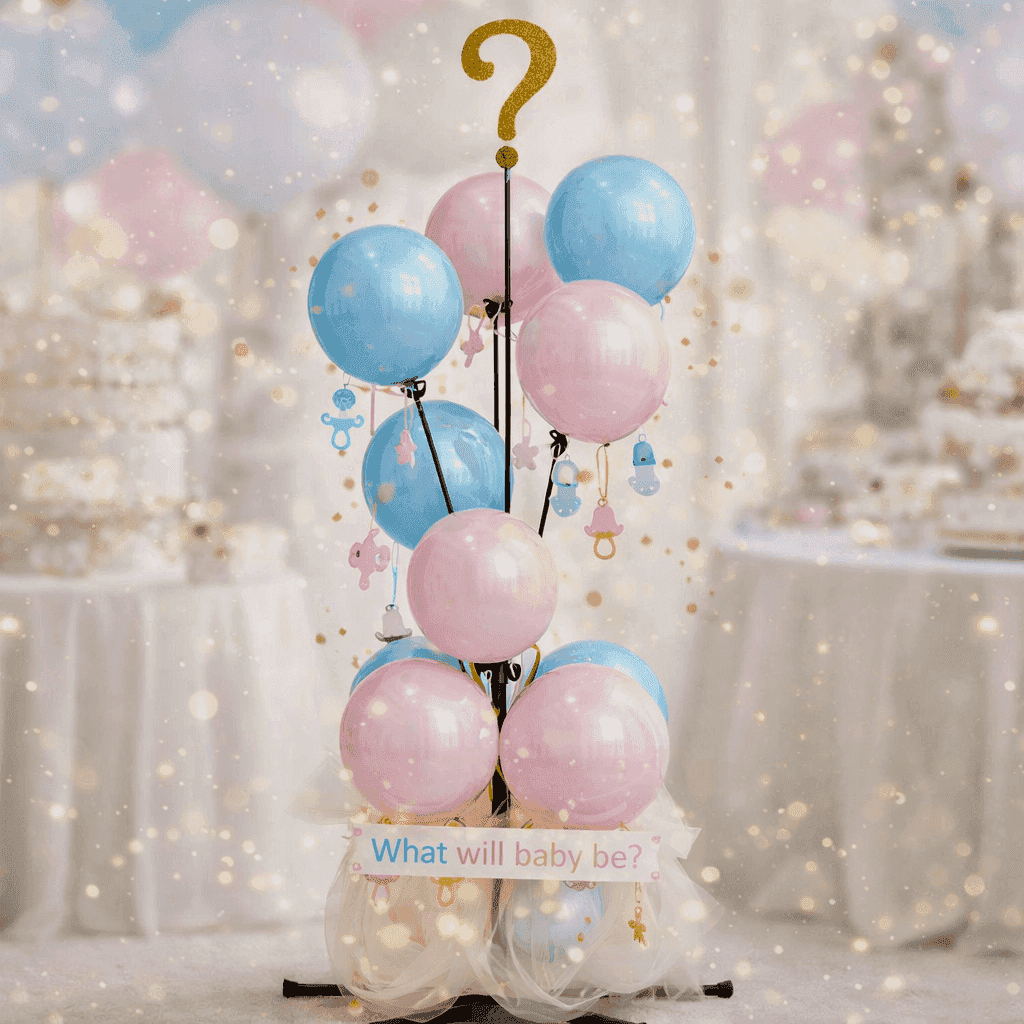 Gender Reveal Ballontraube mit goldenem Fragezeichen-Topper, rosa und blaue Ballons gemischt mit What Will Baby Be Schild