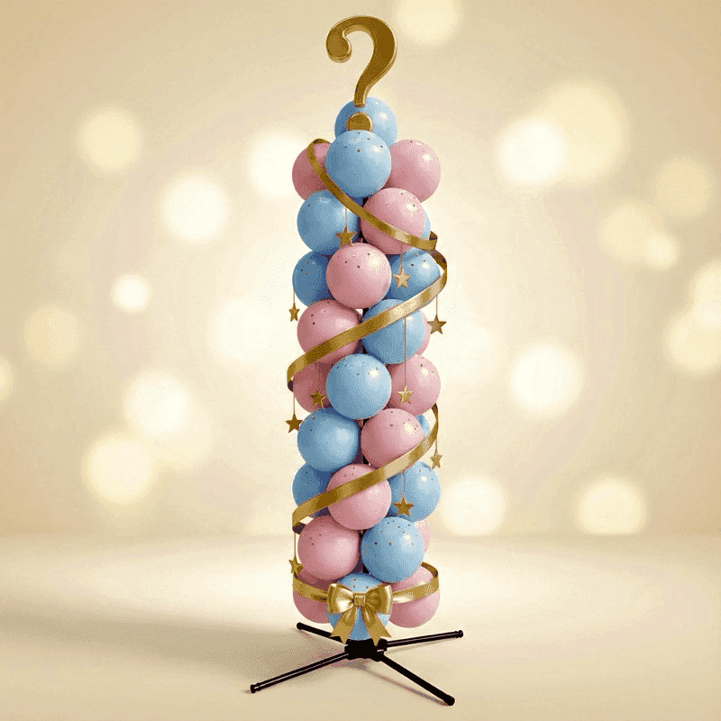 Elegante Gender Reveal Ballonsäule mit goldenen Spiralbändern, rosa und blauen Ballons und goldenem Fragezeichen-Topper