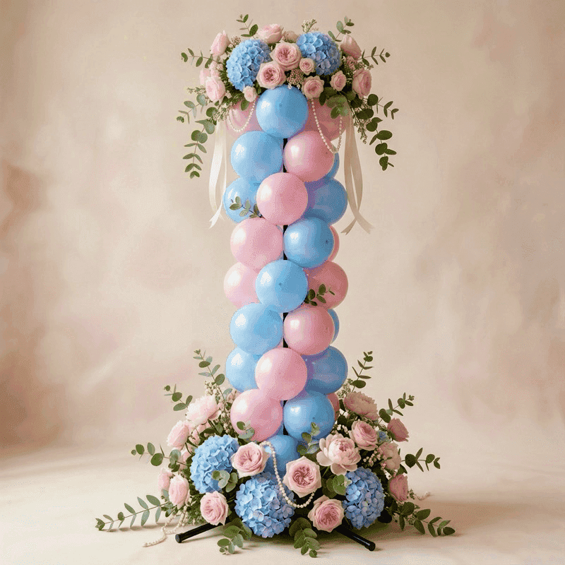 Botanische Gender Reveal Säule mit rosa und blauen Ballons umgeben von frischen rosa Rosen und grünem Blattwerk