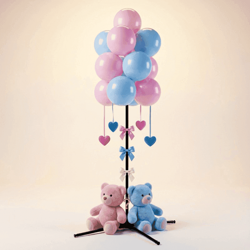 Kuschelige Gender Reveal Ballontraube mit rosa und blauen Teddybären an jeder Seite und hängender Herzen-Dekoration