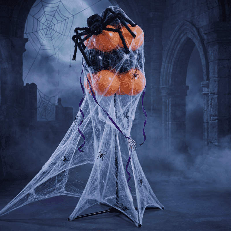 PilaMania stehende Ballontraube dekoriert für Halloween mit großer dekorativer Spinne, ausgedehntem Spinnennetz und kleinen Spinnen — Gothic-Chic wiederverwendbare Halloween Ballondekoration