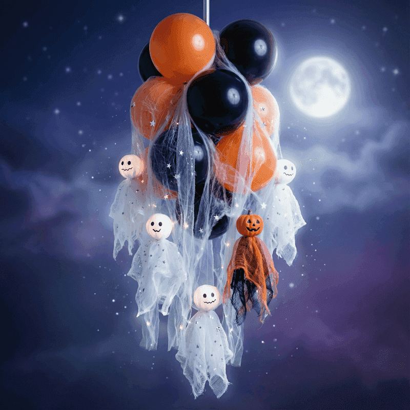 PilaMania hängende Ballontraube dekoriert für Halloween mit kaskadenartigen weißen Geistern aus Gaze, die nach unten schweben — ätherische wiederverwendbare Halloween Ballondekoration im Ghost Drop Stil