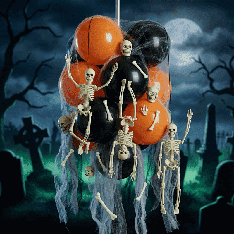 PilaMania hängende Ballontraube dekoriert für Halloween als Skelett-Mobile mit tanzenden Mini-Skeletten, losen Knochen und Schädeln — verspielt makabre wiederverwendbare Halloween Ballondekoration