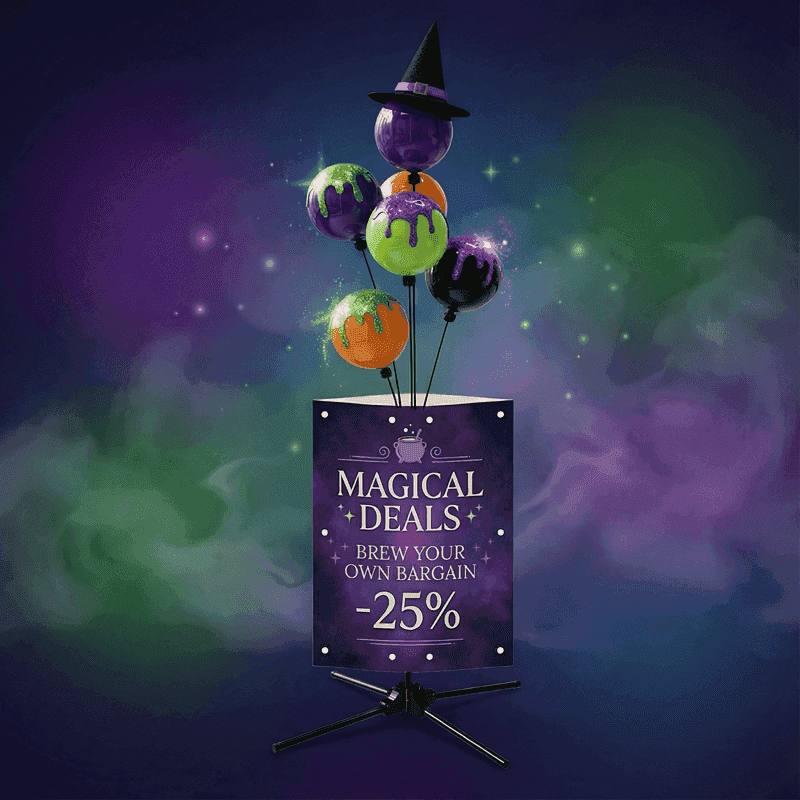 PilaMania Sandwichbord mit Ballonfontäne im Witch's Potion Shop Stil — lila und grüne PVC-Ballons mit Hexenhut-Topper und magischer Rabatt-Promotion für Halloween Retail Display