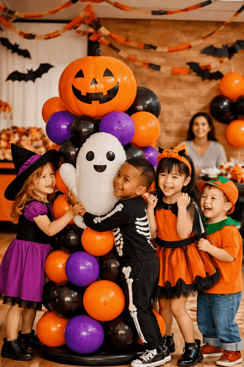 Kinder spielen sicher bei Halloween Ballondekoration