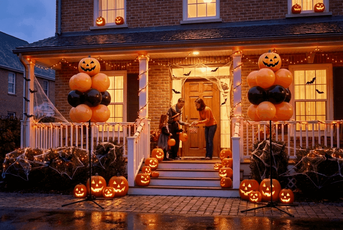 Süßes-oder-Saures-Szene mit Ballonsäulen und Kürbissen an dekorierter Haustür