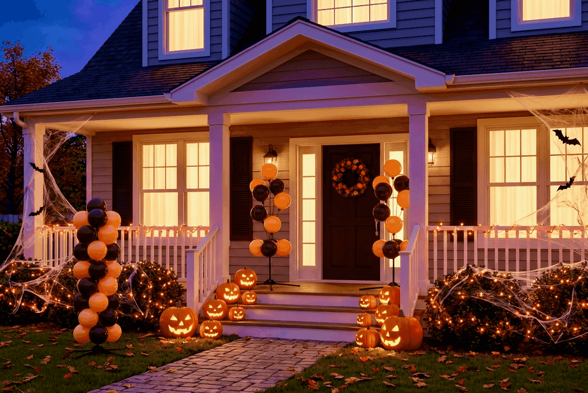 Halloween Veranda-Dekoration mit Ballonsäulen, Spinnennetzen und Kürbissen