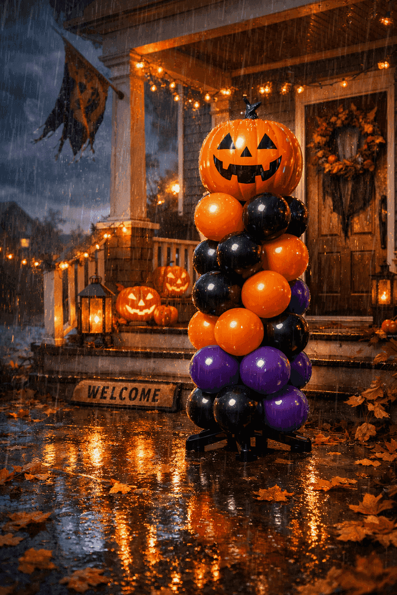 Halloween Ballondekoration bei Wind und Wetter draußen an einer Haustür