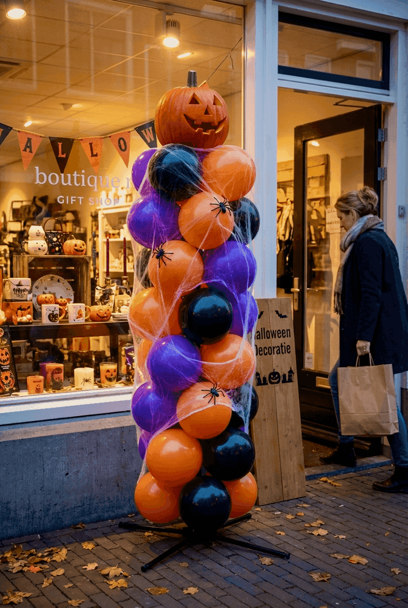 Bunte Halloween Ballonsäule in Lila und Orange am Schaufenster
