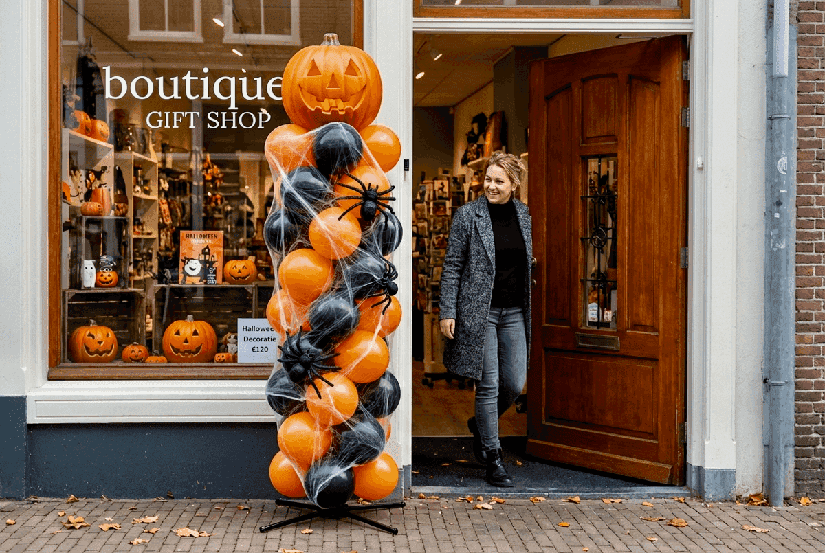 Halloween Ballonsäule mit Spinne am Boutique-Ladeneingang
