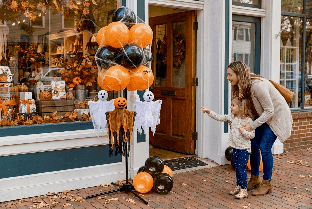 Mutter und Kind bewundern Halloween Ballontraube mit Geister-Dekoration