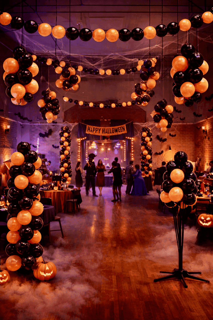 Gruselige Halloween-Party mit Nebel, Ballongirlanden und Fontänen