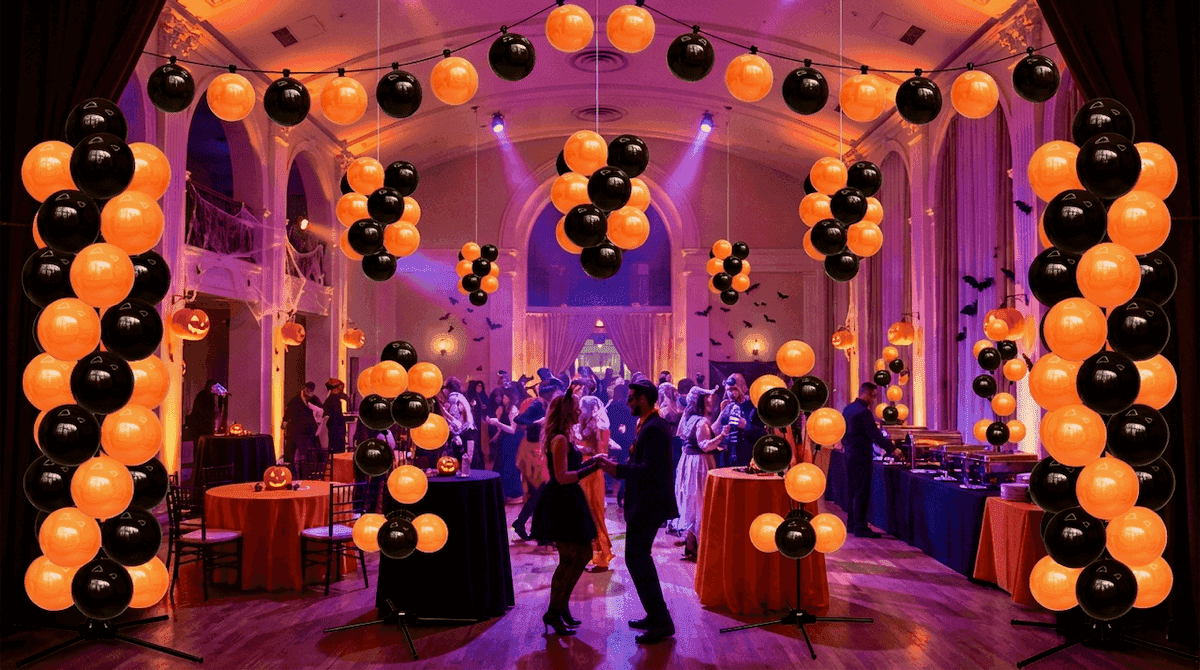 Halloween Gala-Event mit orangen und schwarzen Ballonbögen und tanzenden Gästen