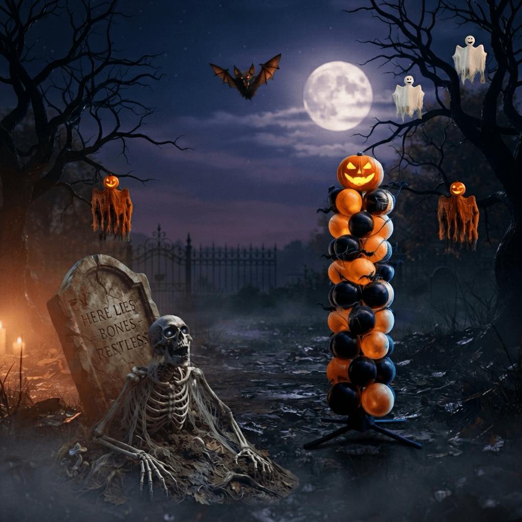 Halloween-Dekor mit Ballonsäule, Grabstein, Skelett und Geistern