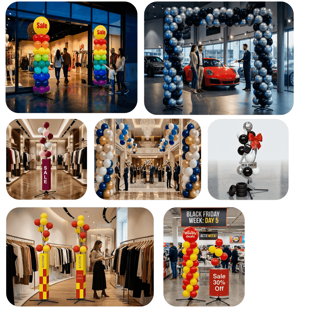 Ballonsäulen in Markenfarben am Ladeneingang als professionelles Signage