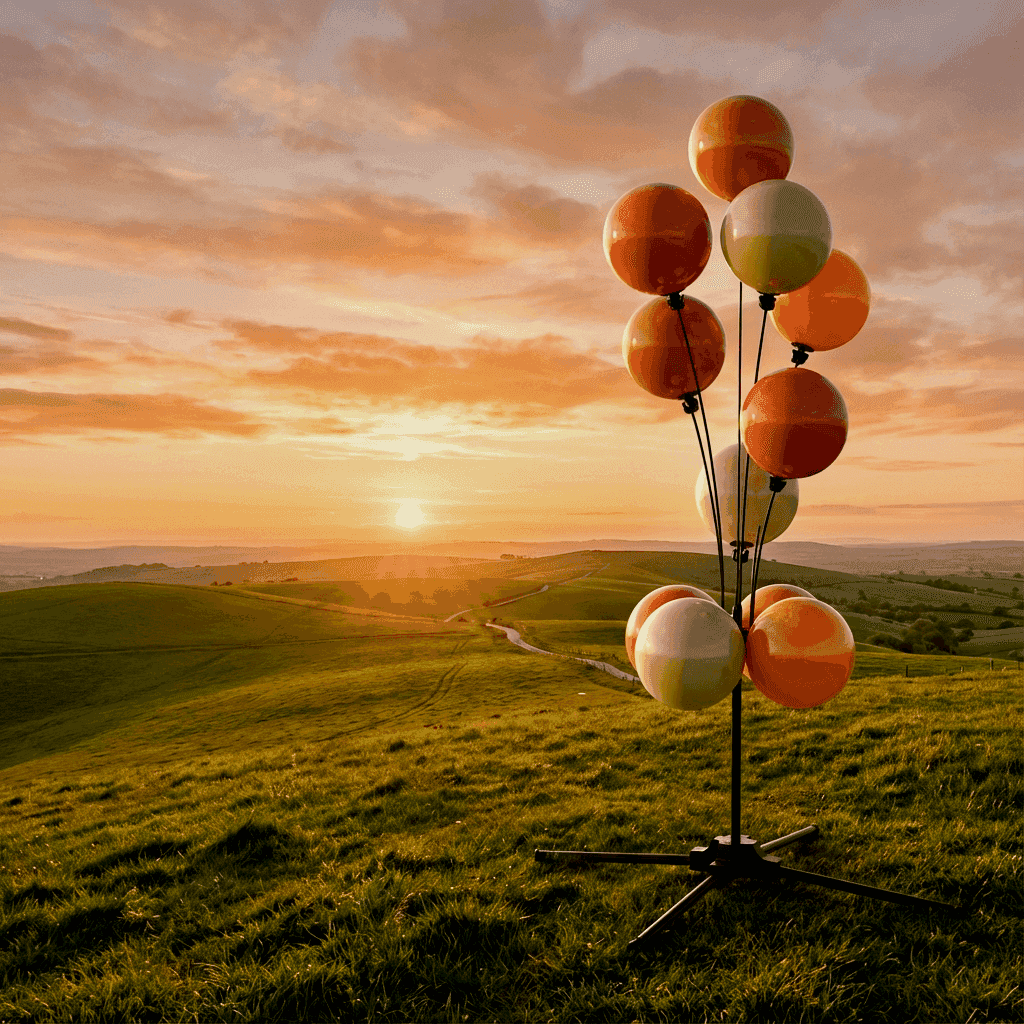 Ein farbenfroher PilaMania-Ballonbogen, der eine festliche Atmosphäre in einer Außenumgebung schafft