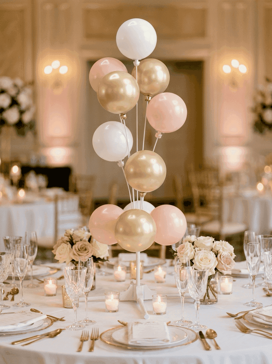 Ballonfontäne als elegante Centerpiece bei Hochzeitsempfang