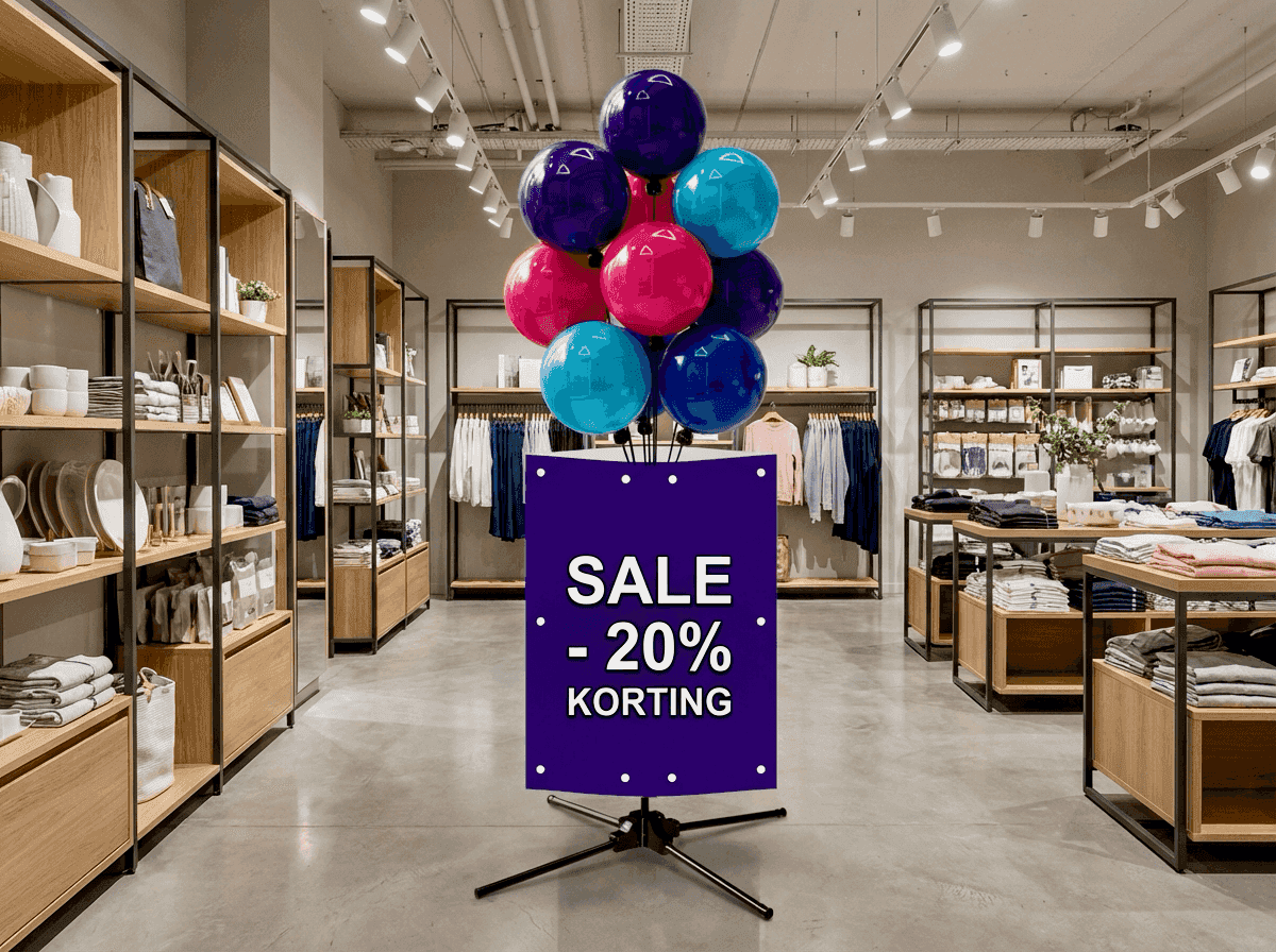Ballonfontäne mit Signing-Board bei Produktdisplay im Laden