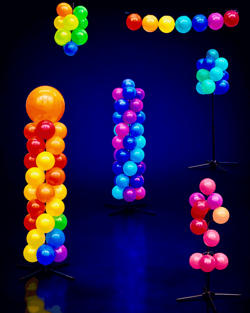 PilaMania Produktsortiment: Ballonsäule, Fontäne, Traube und lose Ballons in verschiedenen Farben