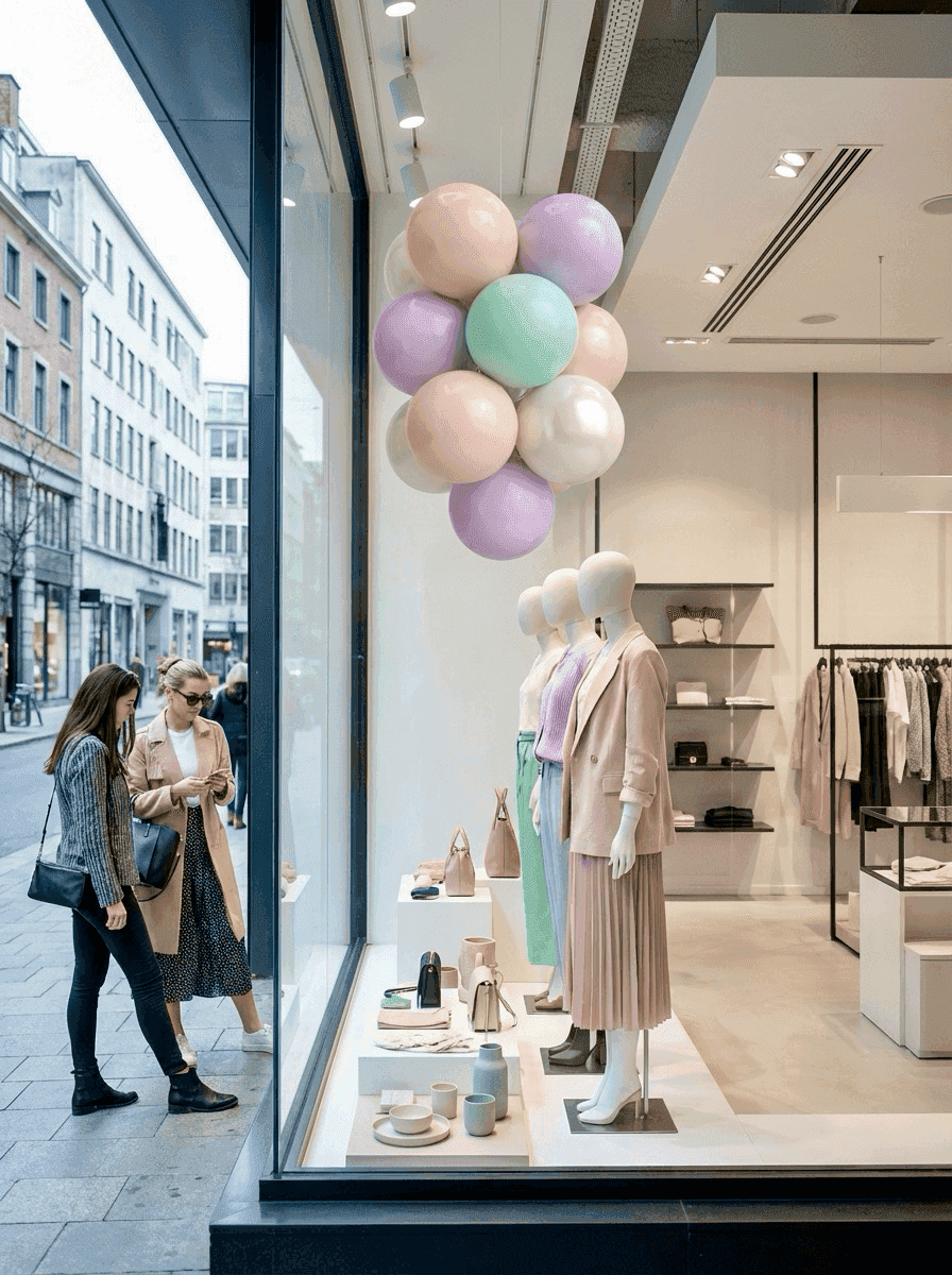Hängende Ballontraube im Schaufenster als Eye-Catcher