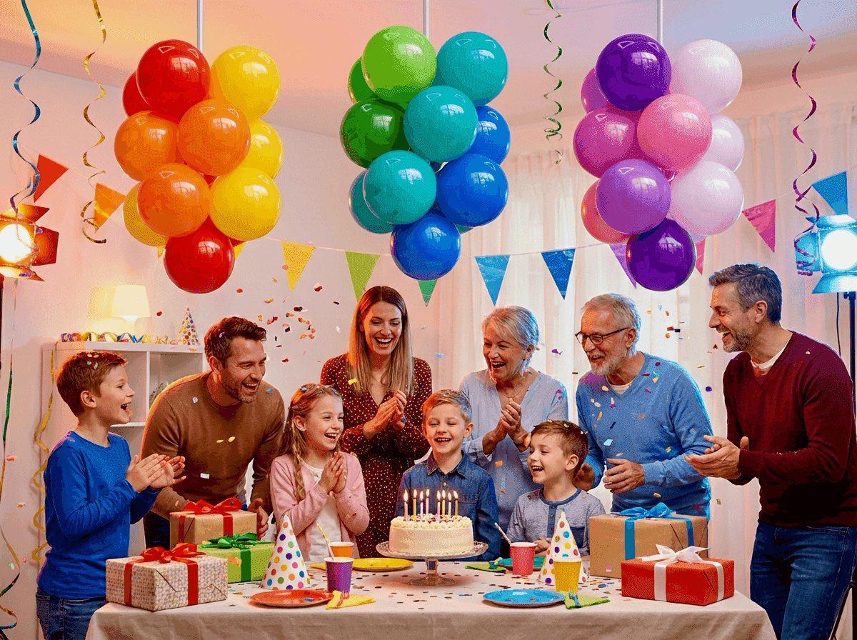 Hängende Ballontrauben über Festtafel für Geburtstagsfeier