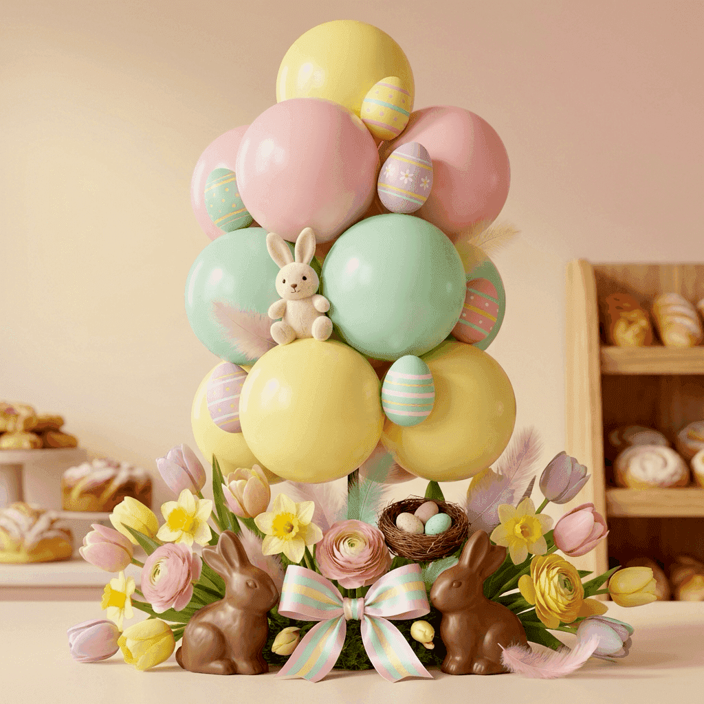 Osteraktion in einer Bäckerei mit babyrosa und zitronengelbem Ballon-Cluster