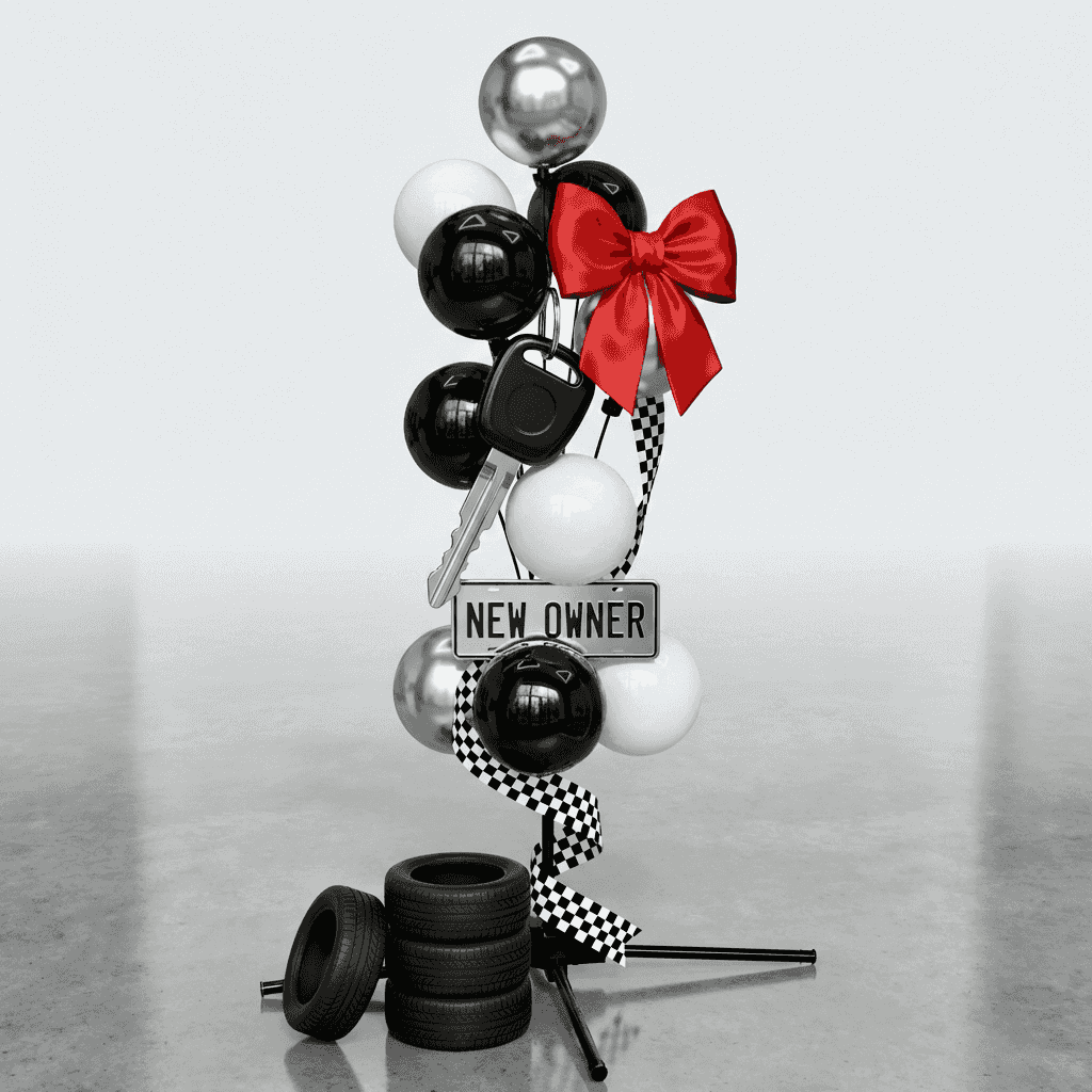 Autoübergabe im Autohaus mit silbernem und dunkelblauem Ballonbrunnen