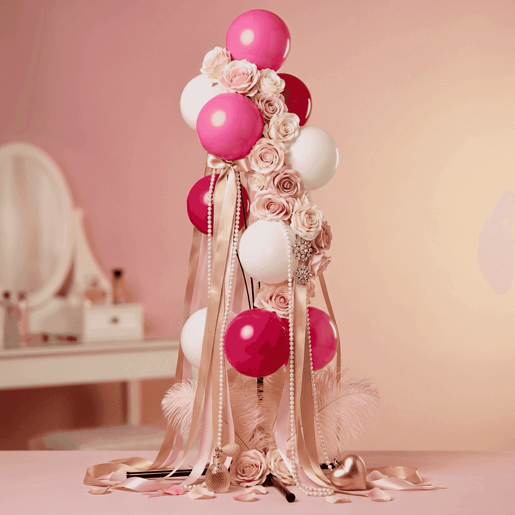 Valentinsdisplay einer Parfümerie mit rosa- und magentafarbenem Ballonbrunnen