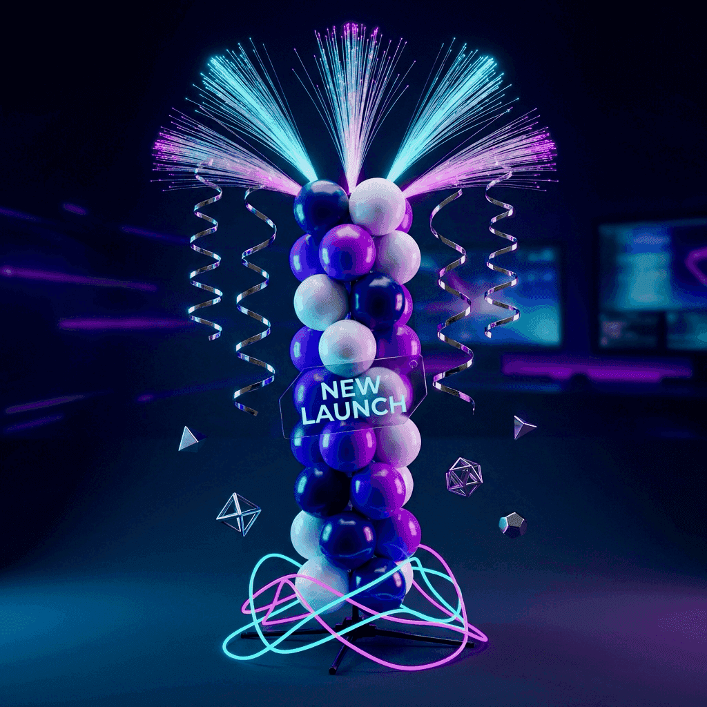 Produkteinführung in einem Elektronikgeschäft mit hellblauer und silberner Ballonsäule