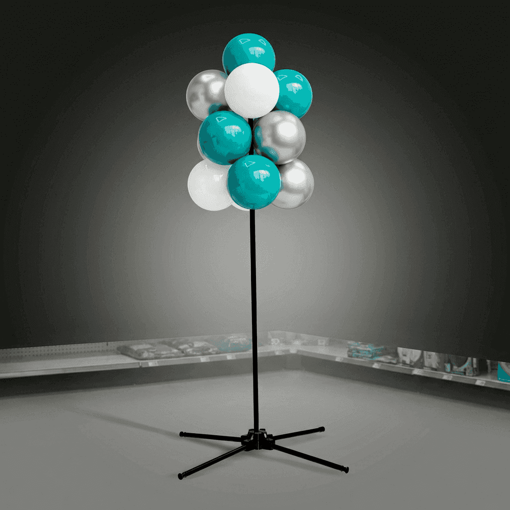 Stehendes PilaMania-Ballon-Cluster in einem Einzelhandelsdisplay
