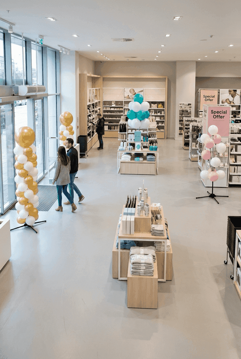 Komplette Einzelhandelskulisse mit einer PilaMania-Ballonsäule am Eingang, einem Ballon-Cluster an einem Display und einem Ballonbrunnen in einer Aktionsecke