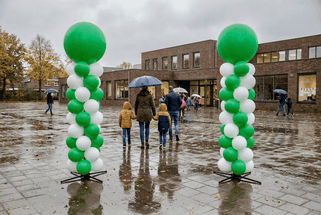 Wetterfeste Ballonsäulen in Schulfarben außen am Schulgebäude beim Tag der offenen Tür