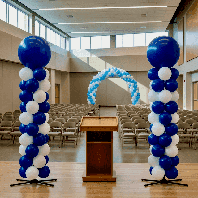 Schulaula komplett dekoriert mit Ballonsäulen in Schulfarben für Abschlussfeier