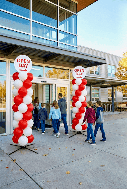 Farbige Ballonsäulen in Schulfarben zu beiden Seiten des Schuleingangs am Tag der offenen Tür