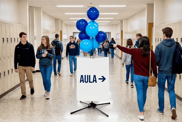 Ballon-Signagedisplay mit Fachbereichsname und Schulfarben als Orientierungspunkt auf dem Hochschul-Campus