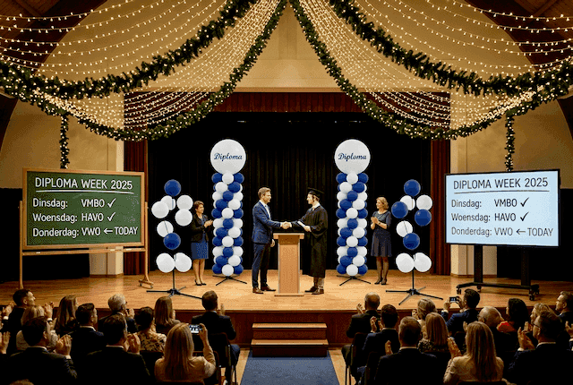 Ballondekoration die drei Tage perfekt bleibt für mehrere Abschlussfeiern an der Schule