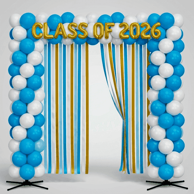 PilaMania Ballonbogen mit Glückwunschbanner und Jahrgangsjahr als Fotowand bei Abschlussfeier