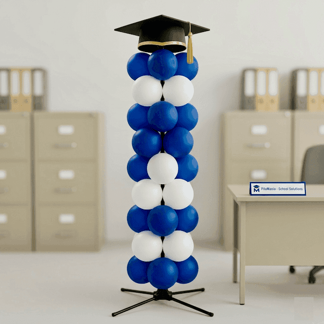 PilaMania Ballonsäule dekoriert mit Schulfarben-Schärpe und Logo für Abschlussfeier