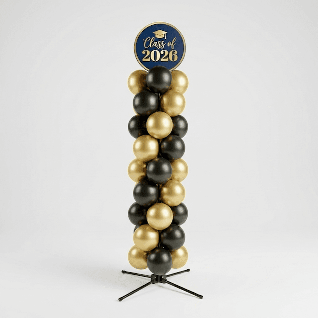 PilaMania Ballonsäule mit Kopfschild auf dem Klassenfoto und Jahrgangsjahr der Absolventen gedruckt ist