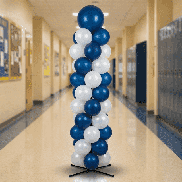Ballonsäule in Schulfarben an der Bühne für Abschlussfeier
