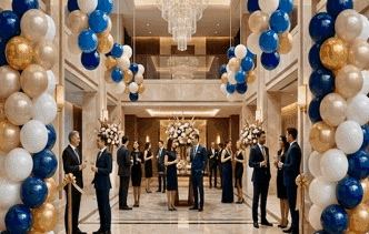 Ballonsäulen in der Lobby eines Hotels während eines Geschäftsempfangs