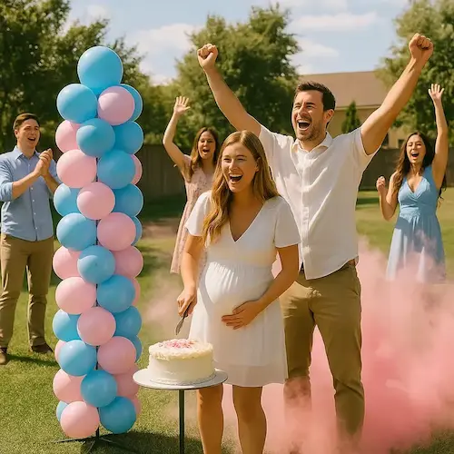 Dieselbe Ballonsäule bei einer Gender-Reveal-Feier im Garten, zwischen jubelnden Gästen