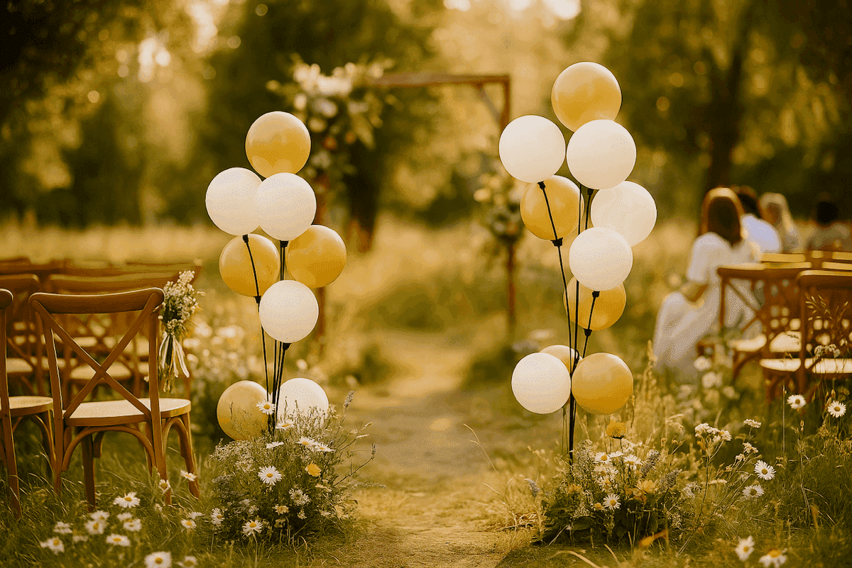 Öko-Hochzeit in einem Blumenfeld mit goldenen und weißen Ballonsäulen