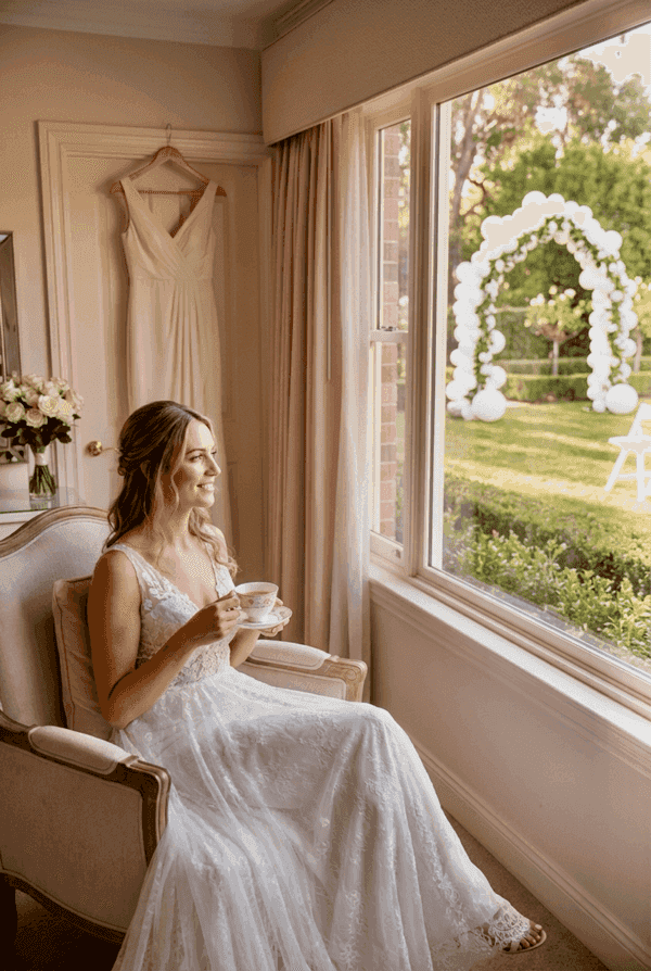 Entspanntes Brautpaar genießt seine stressfreie Hochzeit mit PilaMania-Ballondekoration