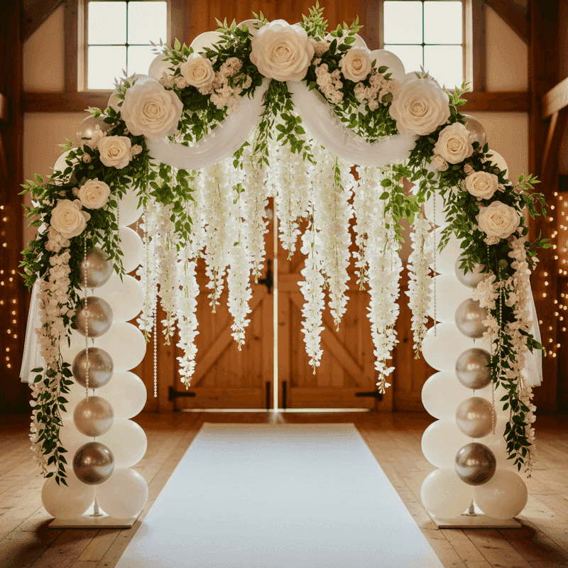 Weißer Ballonbogen, verziert mit Rosen und hängendem Grün bei einer Zeremonie