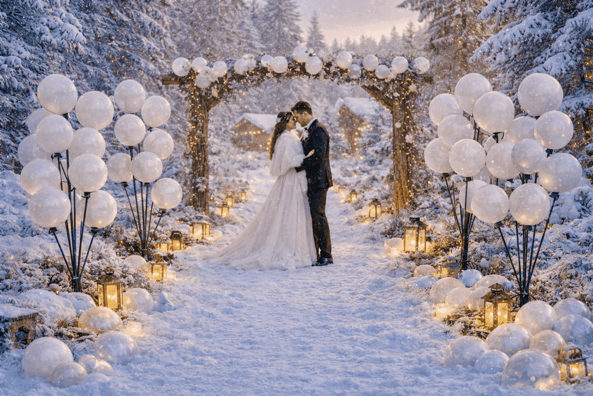 Romantische Winterhochzeit mit weißem Ballonbogen, Laternen und Schnee