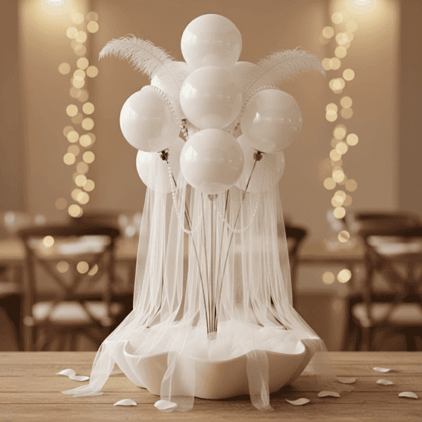 Hochzeitsmittelstück mit Ballonbrunnen, Tüll, Federn und dekorativem Fuß