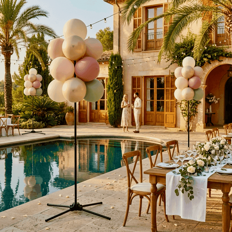 Elegante weiße Ballondekoration für Hochzeit mit Ballonsäulen und Ballonbogen