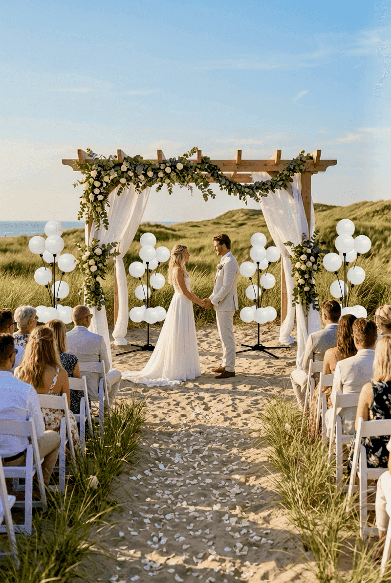 Komplette Hochzeitsszene mit PilaMania-Dekorationen: Bogen, Säulen und Brunnen